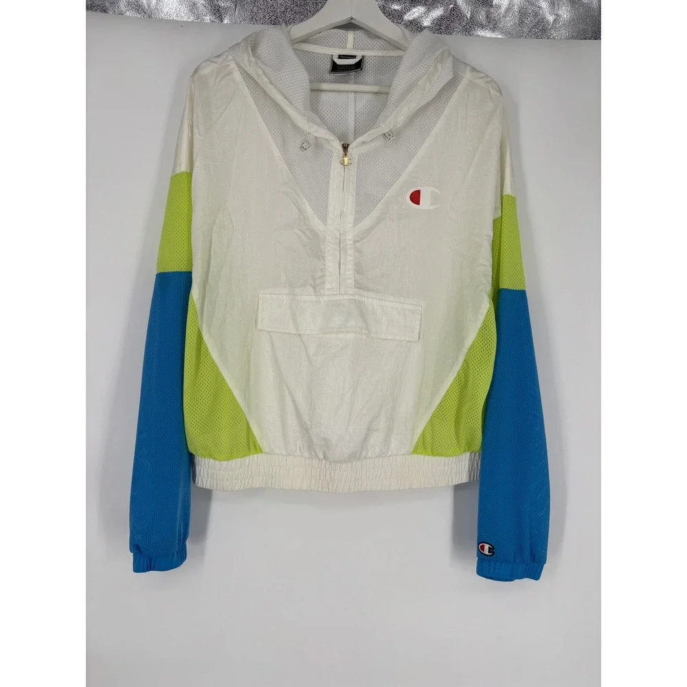 Champion‎ Windbreaker Jacket Womens L White Neon Colorblock Mesh Quarter Zip